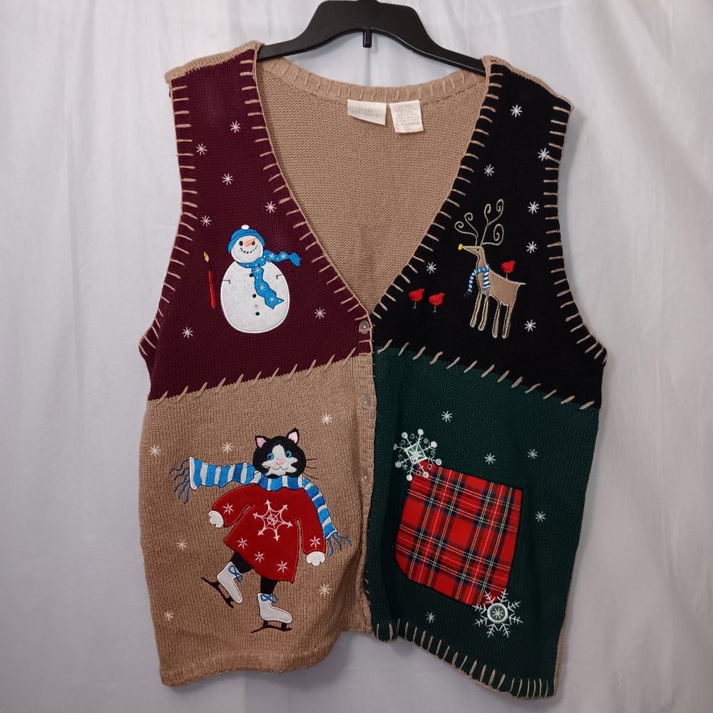 BLAIR BOUTIQUE COTTON BLEND PATCHWORK WINTER CHRISTMAS THEME PRINT SWEATER VEST